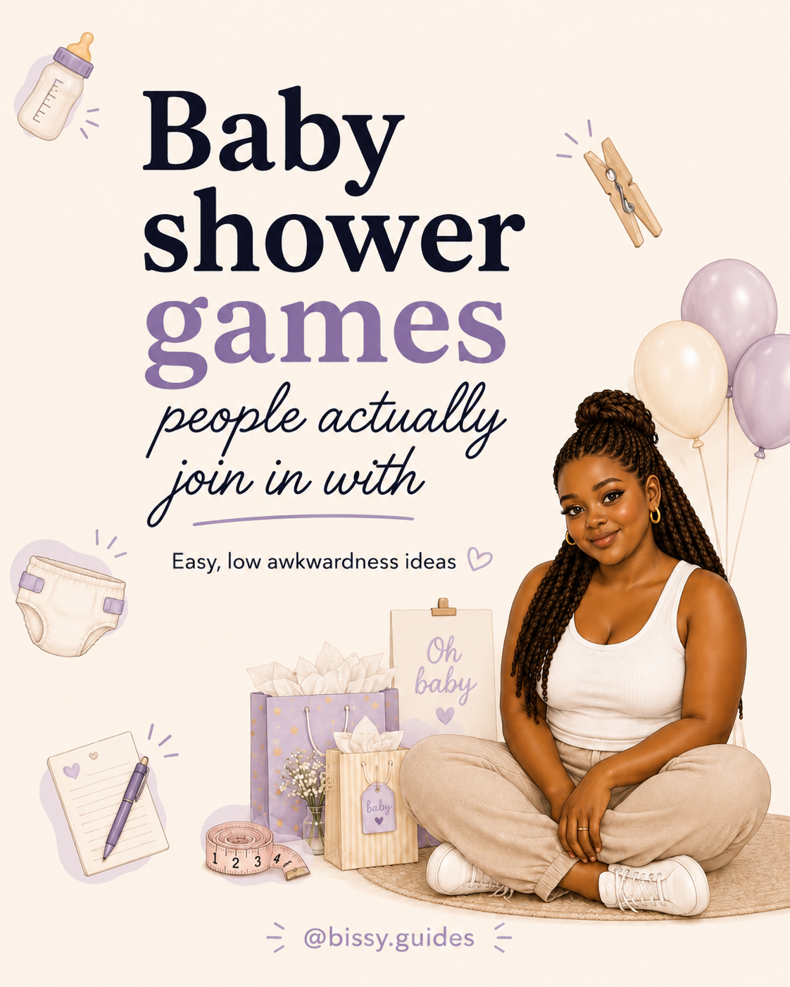 Illustrated woman sitting beside baby shower decorations on a cream background with baby shower games title