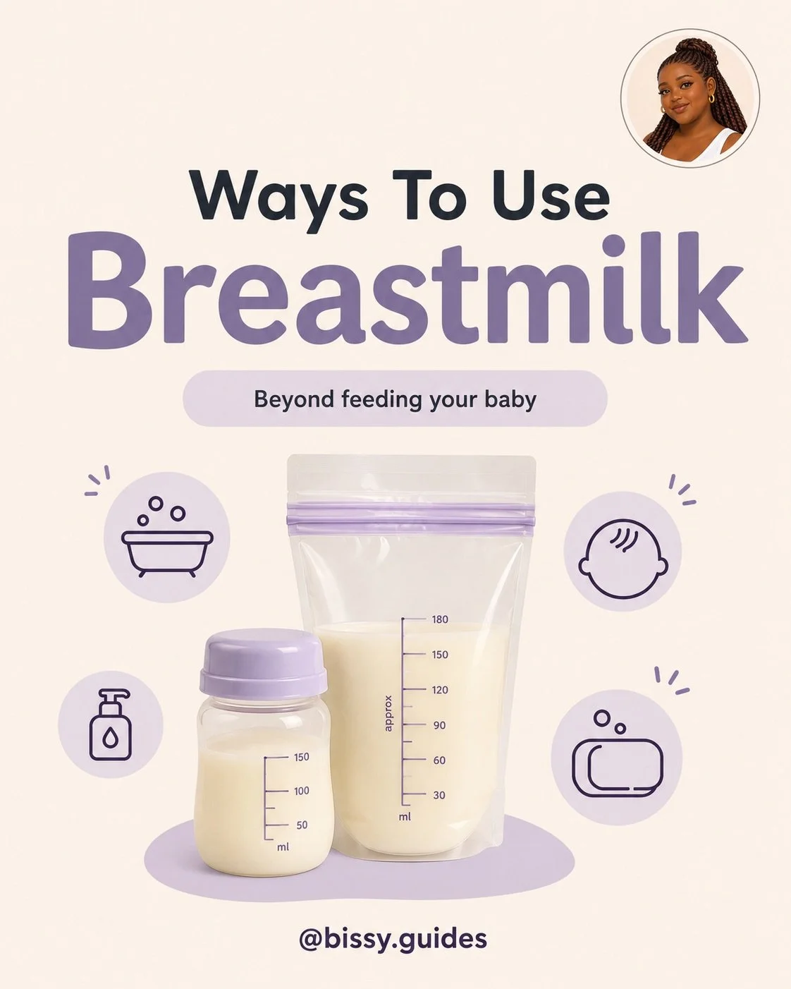 Pinterest-style guide showing common ways parents use breastmilk beyond feeding, including baths, dry skin care, cradle cap support, dry scalp care, and scalp rinses.