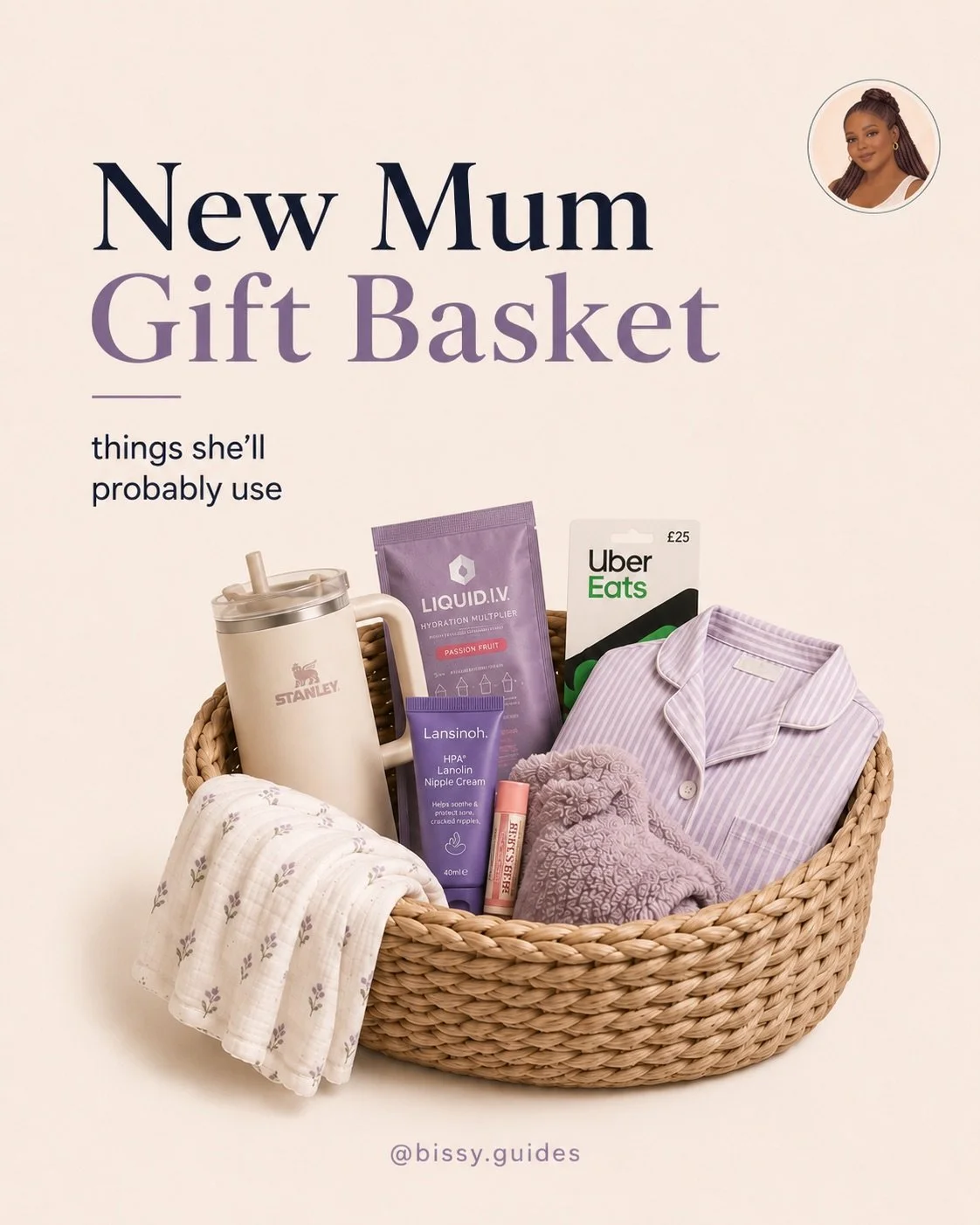 Woven gift basket filled with practical new mum essentials including snacks, pyjamas, hydration products and comfort items
