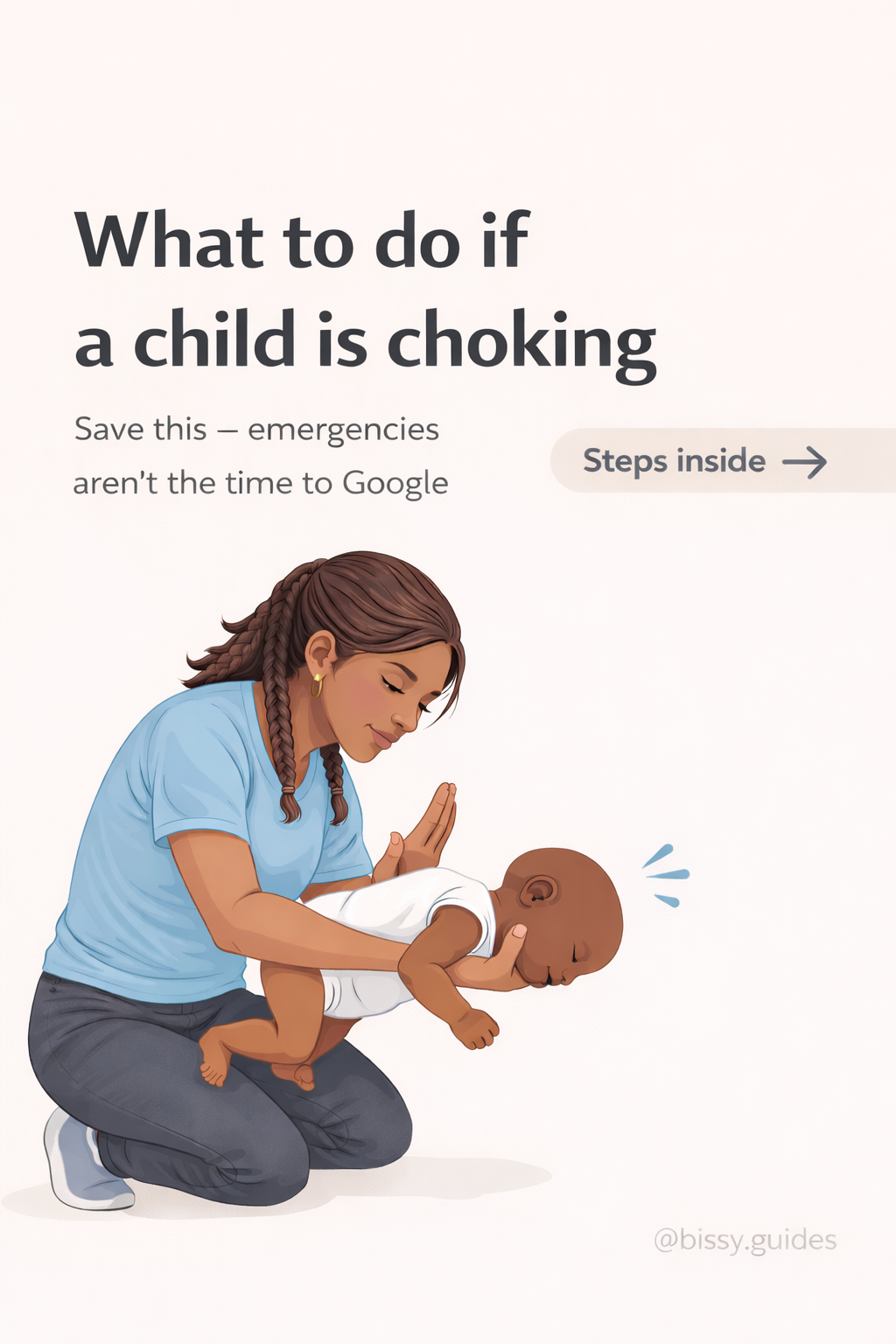 Illustrated cover slide showing a mother giving back blows to a choking baby with the title “What to do if a child is choking