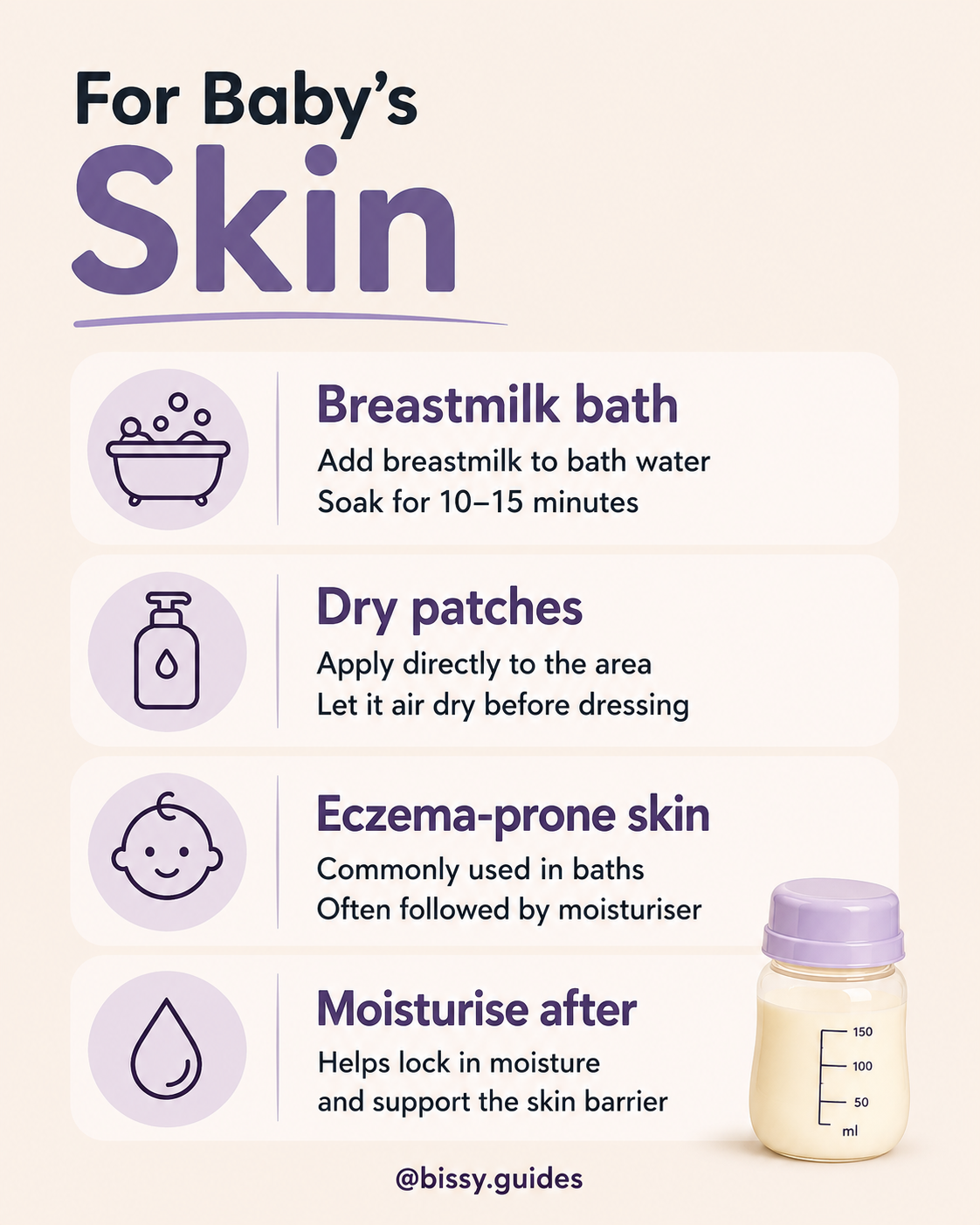 Simple breastmilk skin care guide explaining how parents use breastmilk baths and direct application for baby skin.