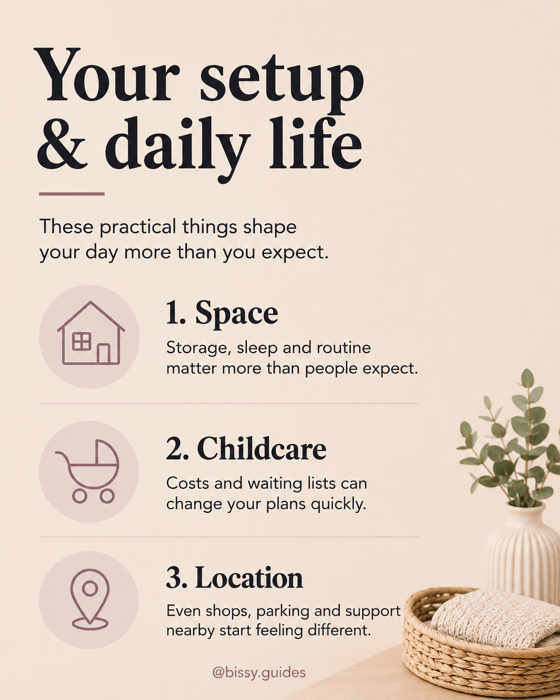 Parenthood planning infographic explaining childcare, space and location considerations before having children