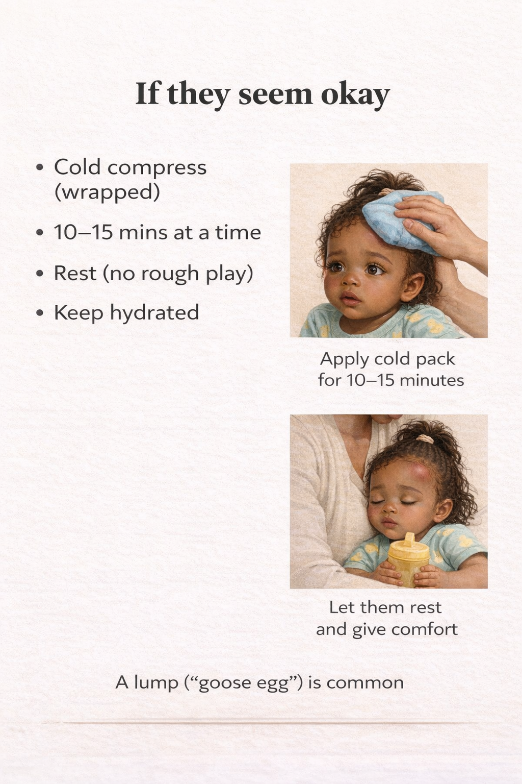 Illustrated examples of caring for a child after a minor head bump using a cold compress and rest