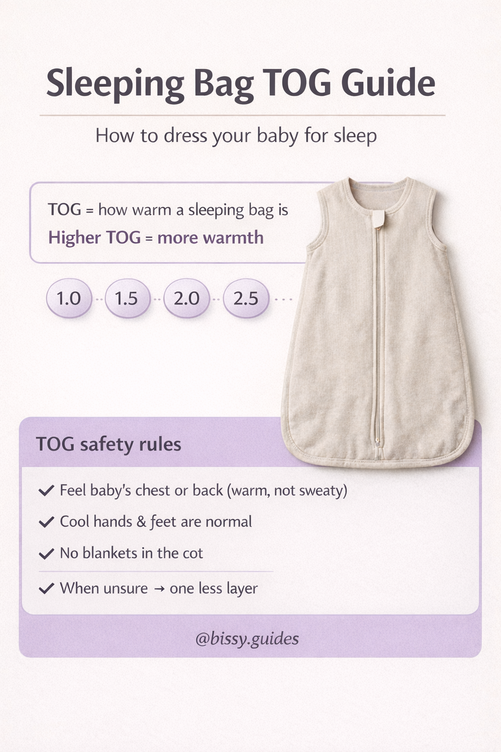 Baby sleep bag TOG guide cover explaining what TOG means with safety reminders and sleep bag illustration.