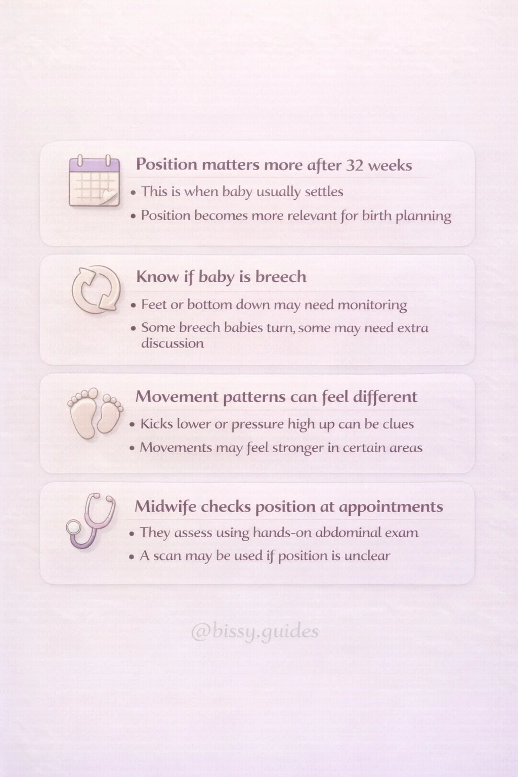 Guide explaining baby position after 32 weeks, breech babies, movement patterns and how midwives assess position.