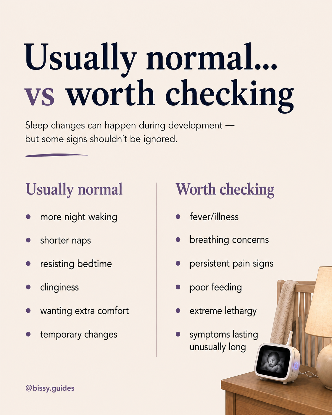 Minimal two-column infographic showing usually normal sleep changes versus signs worth checking in babies and toddlers.