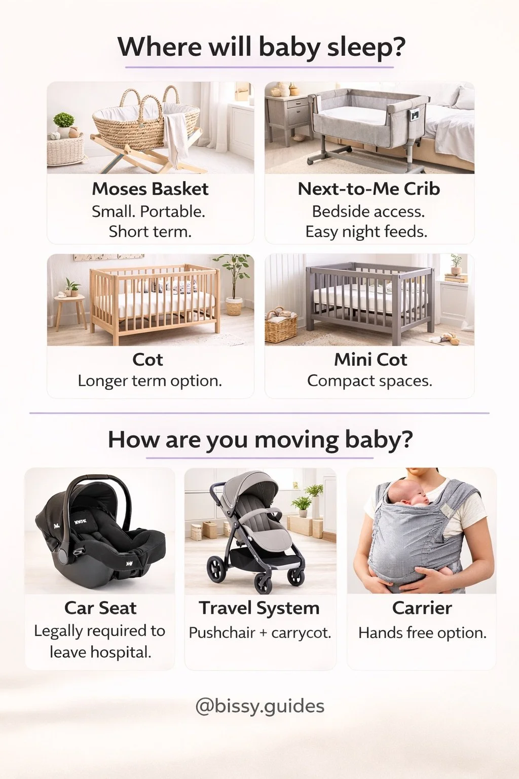 Newborn sleep options Moses basket crib cot Car seat pram baby carrier options