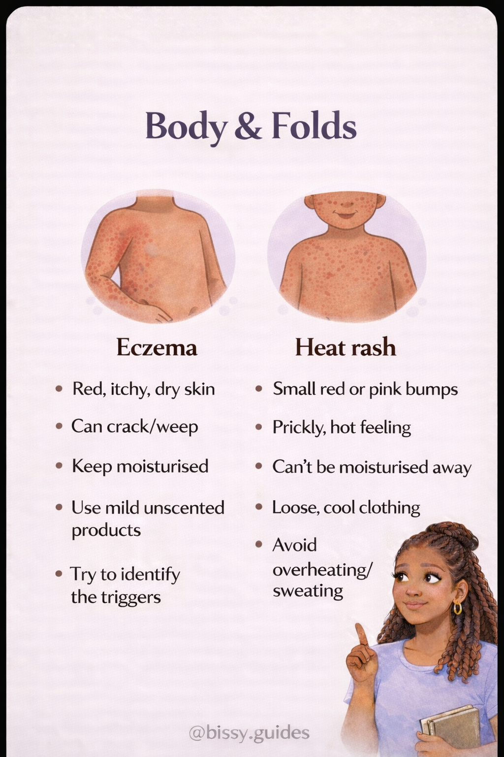 Heat rash and eczema in baby skin folds including neck and body areas showing small bumps and dry patches