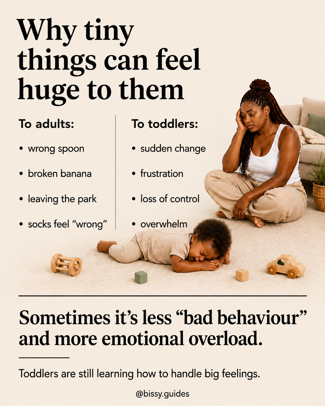 Toddler lying upset on floor while parent sits nearby calmly in a neutral toned room beside comparison text about emotional overload