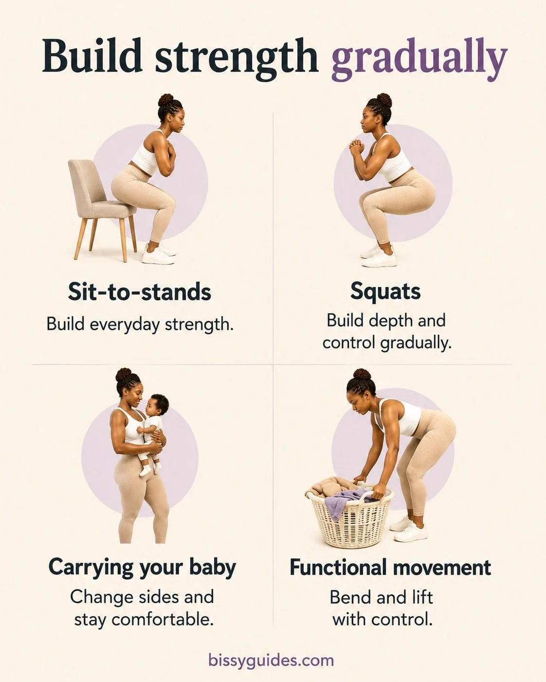 Postpartum woman rebuilding strength with sit-to-stands, squats, carrying her baby and lifting a laundry basket.