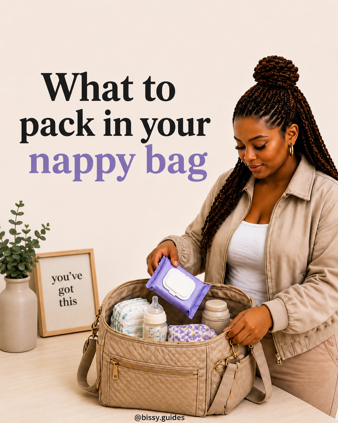 Illustrated cover slide showing AI-mum packing a beige nappy bag beside baby essentials with the title “Nappy bag essentials”