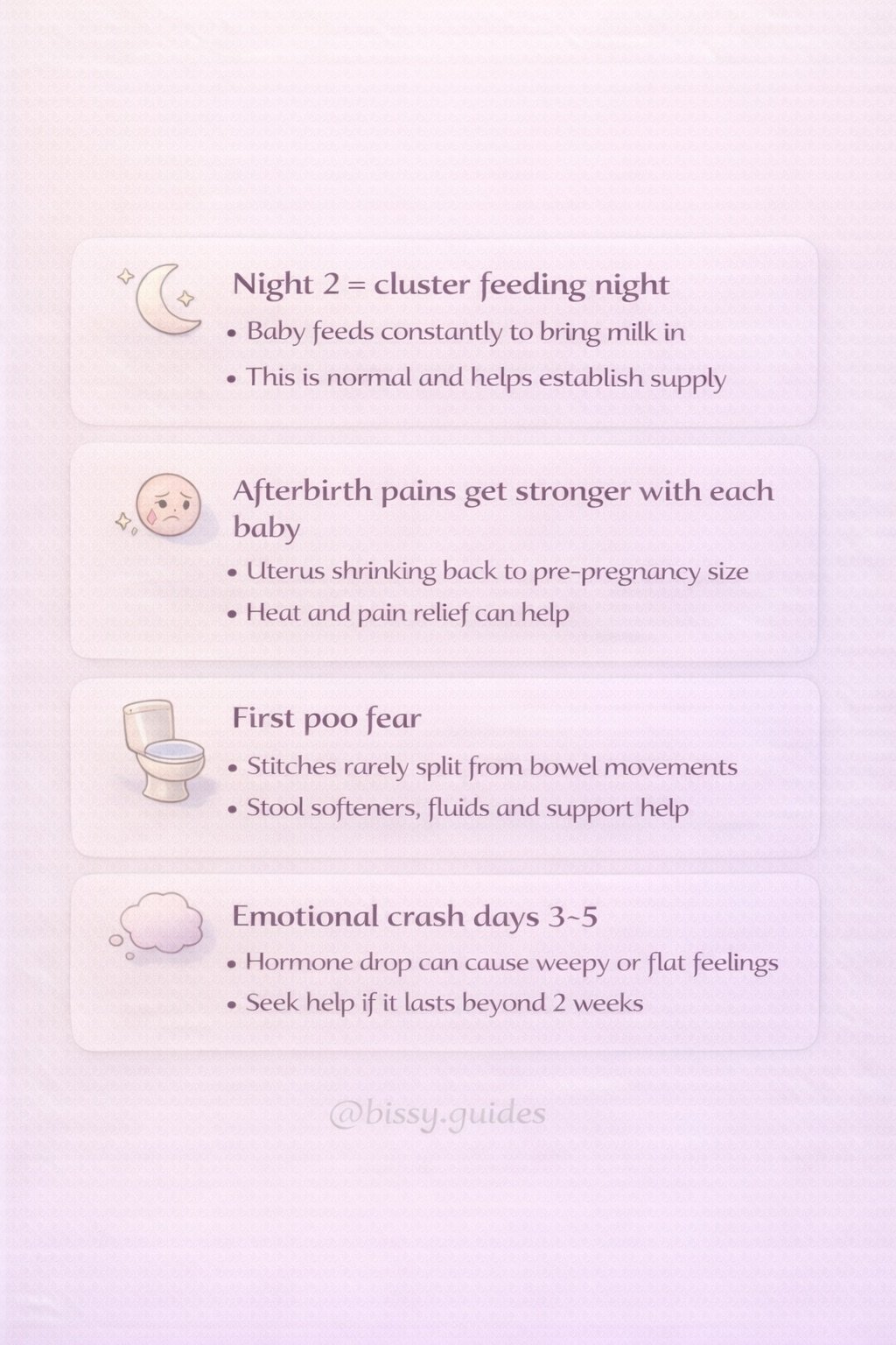Early postpartum guide covering cluster feeding, afterbirth pains, first bowel movement concerns and emotional changes after birth.
