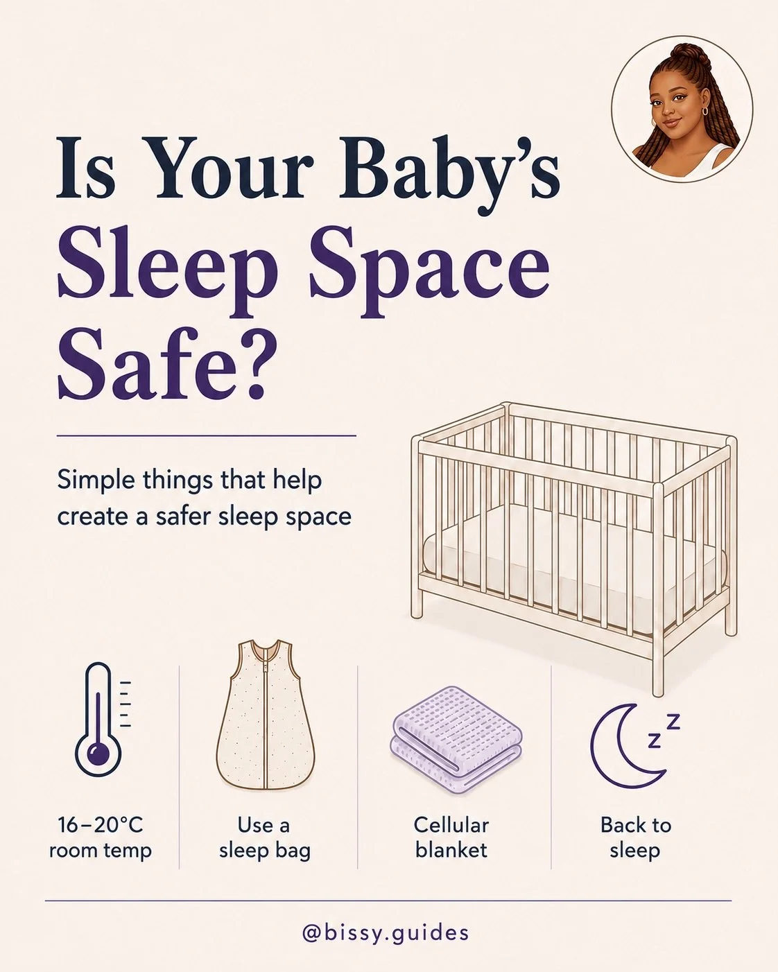 Baby safe sleep guide cover showing a clear cot with a firm mattress, room temperature icon, sleep bag, cellular blanket and back-to-sleep symbol. Title reads: "Is Your Baby's Sleep Space Safe?"