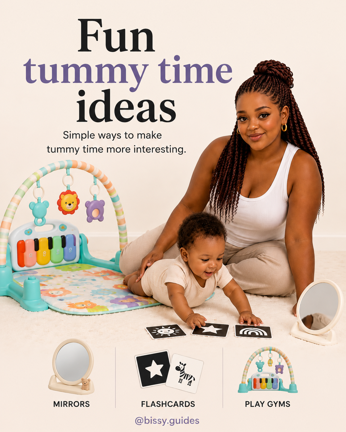 Mother sitting beside baby during tummy time with sensory flashcards, mirror and play gym nearby.