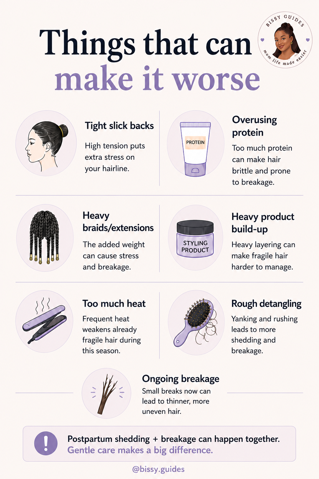 Educational infographic showing habits that can worsen postpartum hair loss including tension styles, heat, heavy product build-up, and rough detangling.