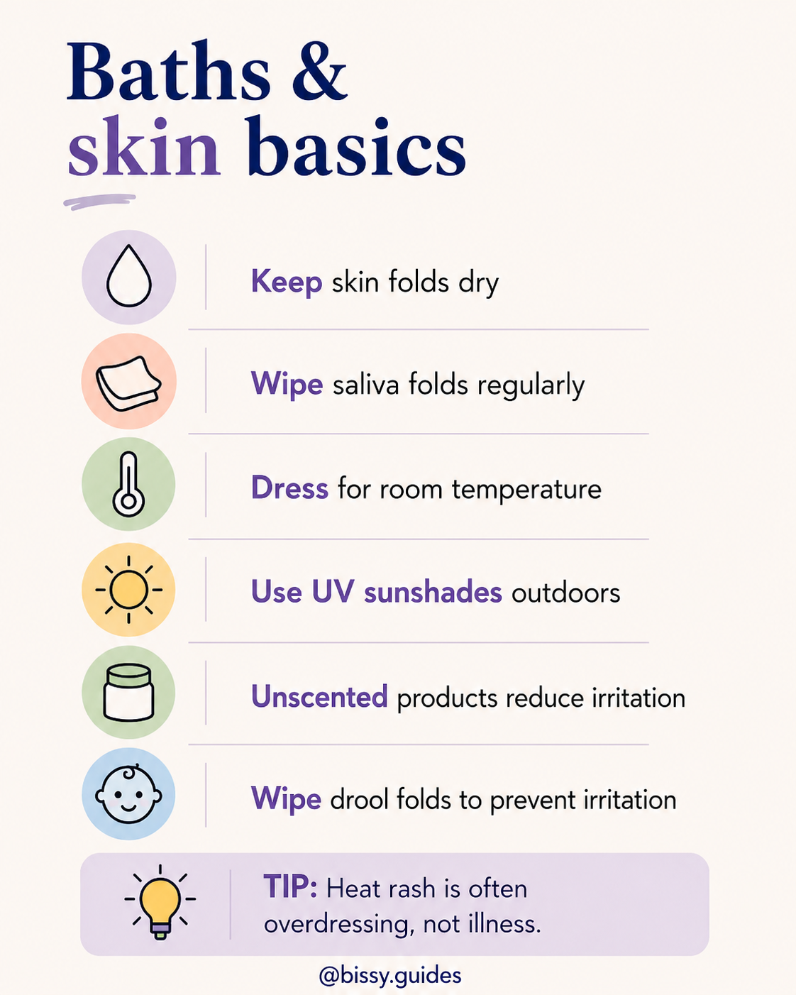 Baby skincare guide slide showing tips for keeping skin folds dry, using UV sunshades outdoors, and avoiding scented products