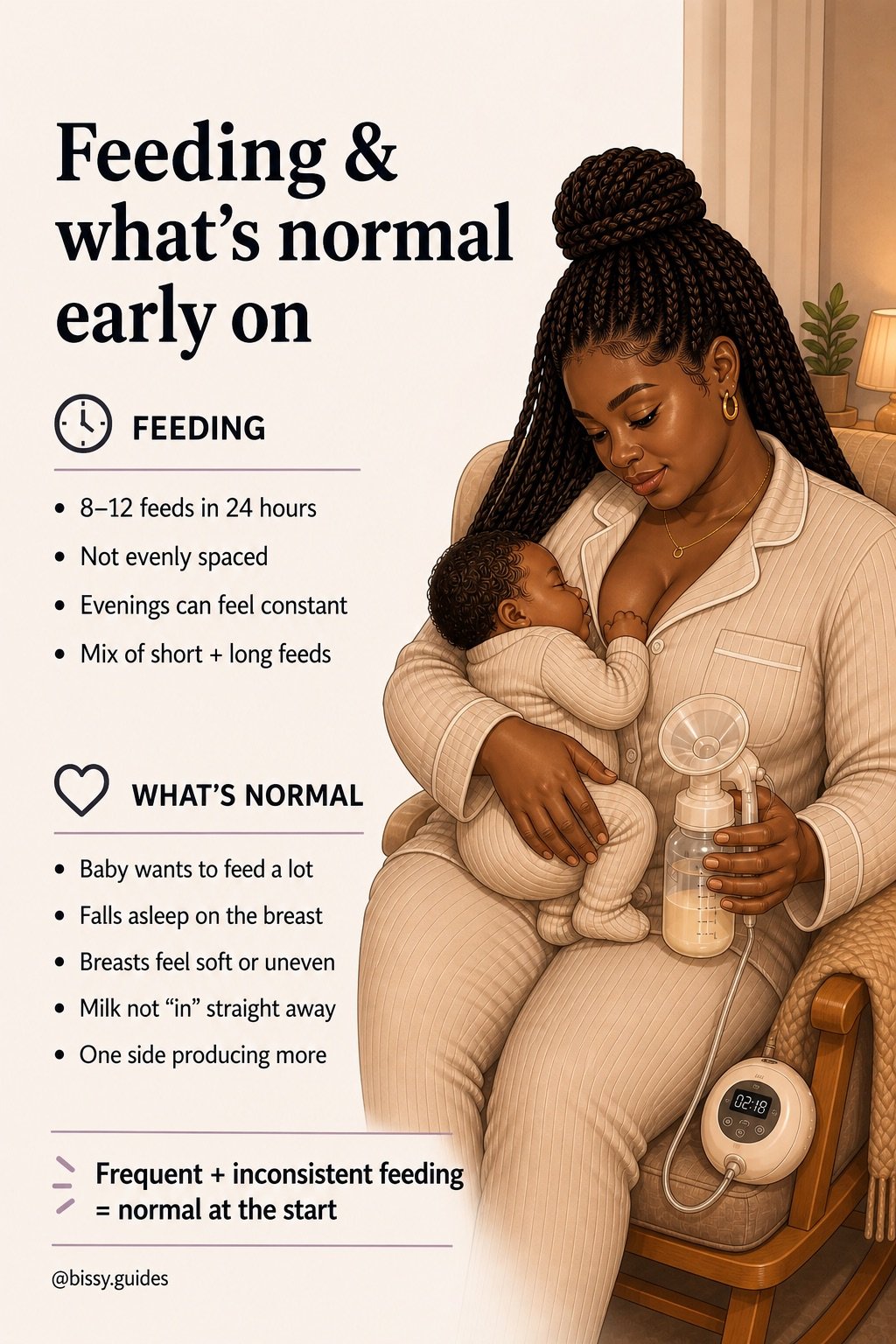 Illustrated breastfeeding guide explaining feeding frequency, cluster feeding, and what’s normal in the early weeks with a mother breastfeeding and using a breast pump.