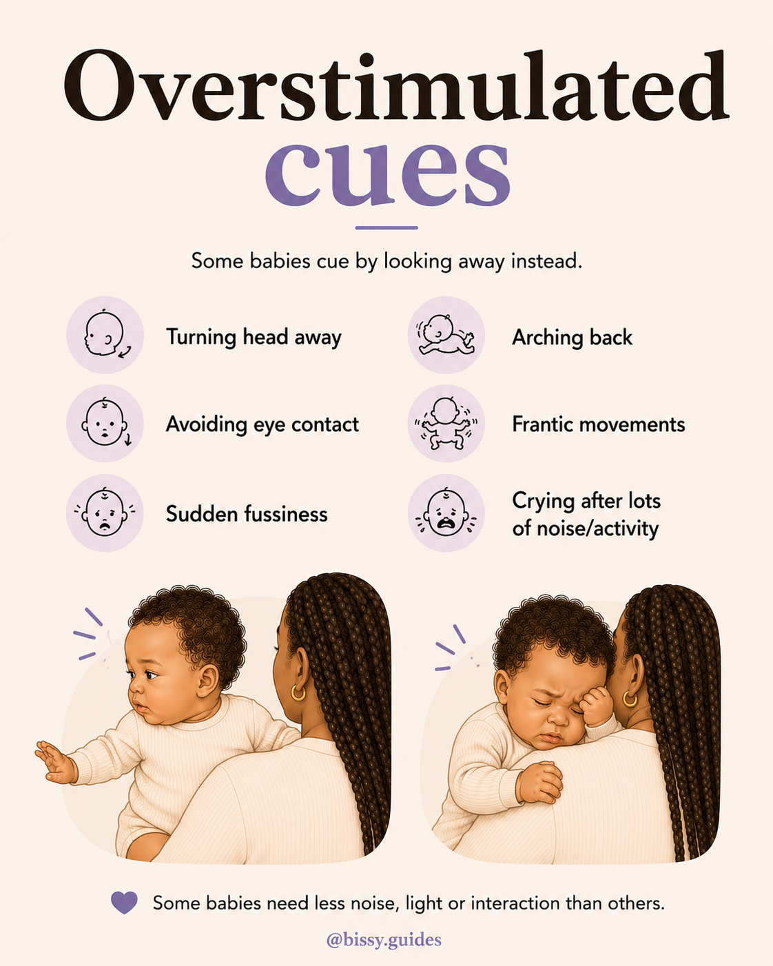 Minimal parenting guide slide explaining overstimulation cues in babies including turning away, avoiding eye contact and crying after busy activity.