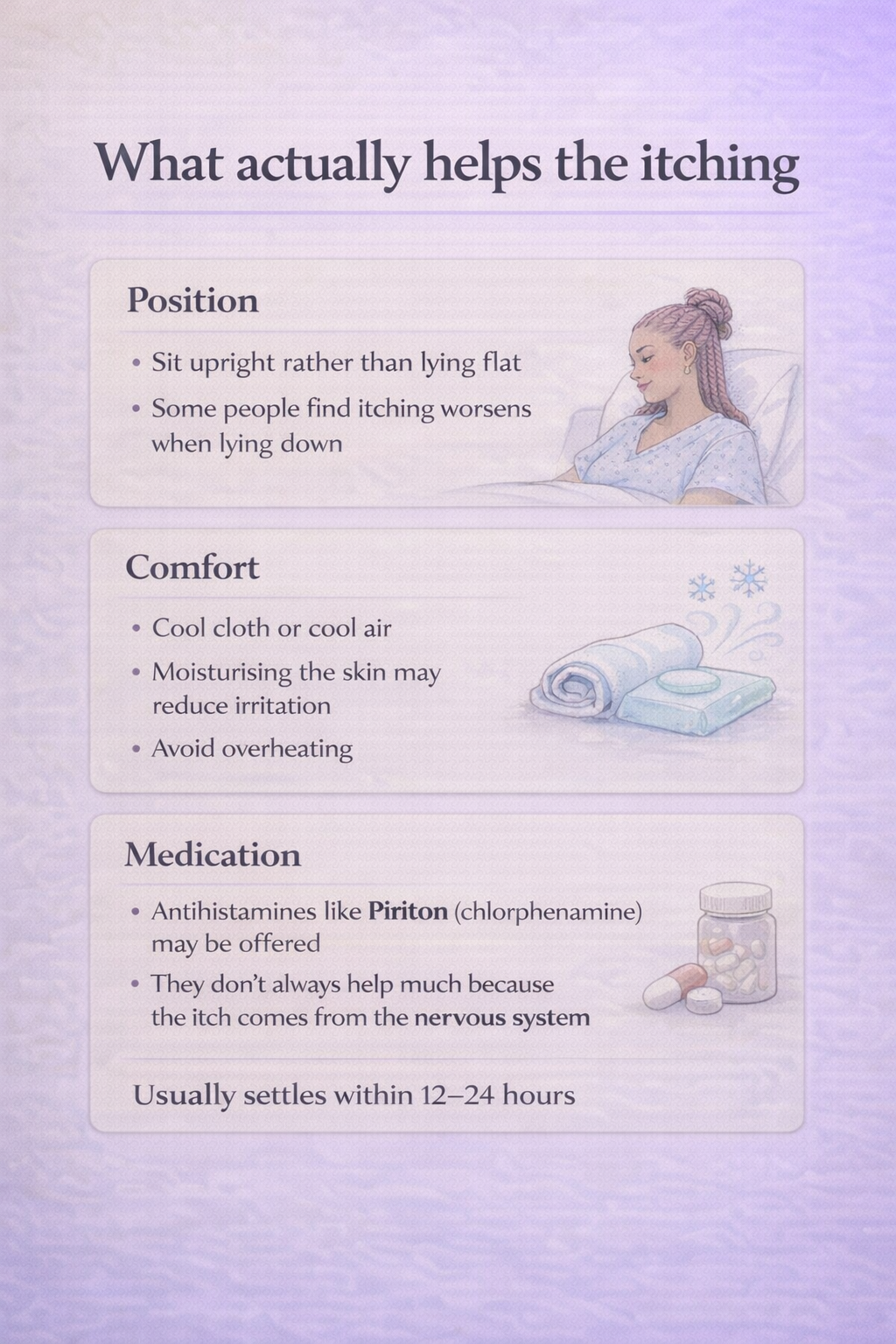 Post C-section itching relief guide showing cooling methods, positioning, and medication support.