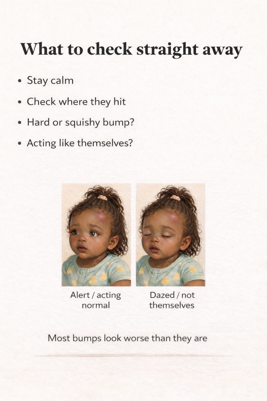 Simple checklist slide explaining what to check after a child bumps their head, alongside examples of alert vs dazed behaviour
