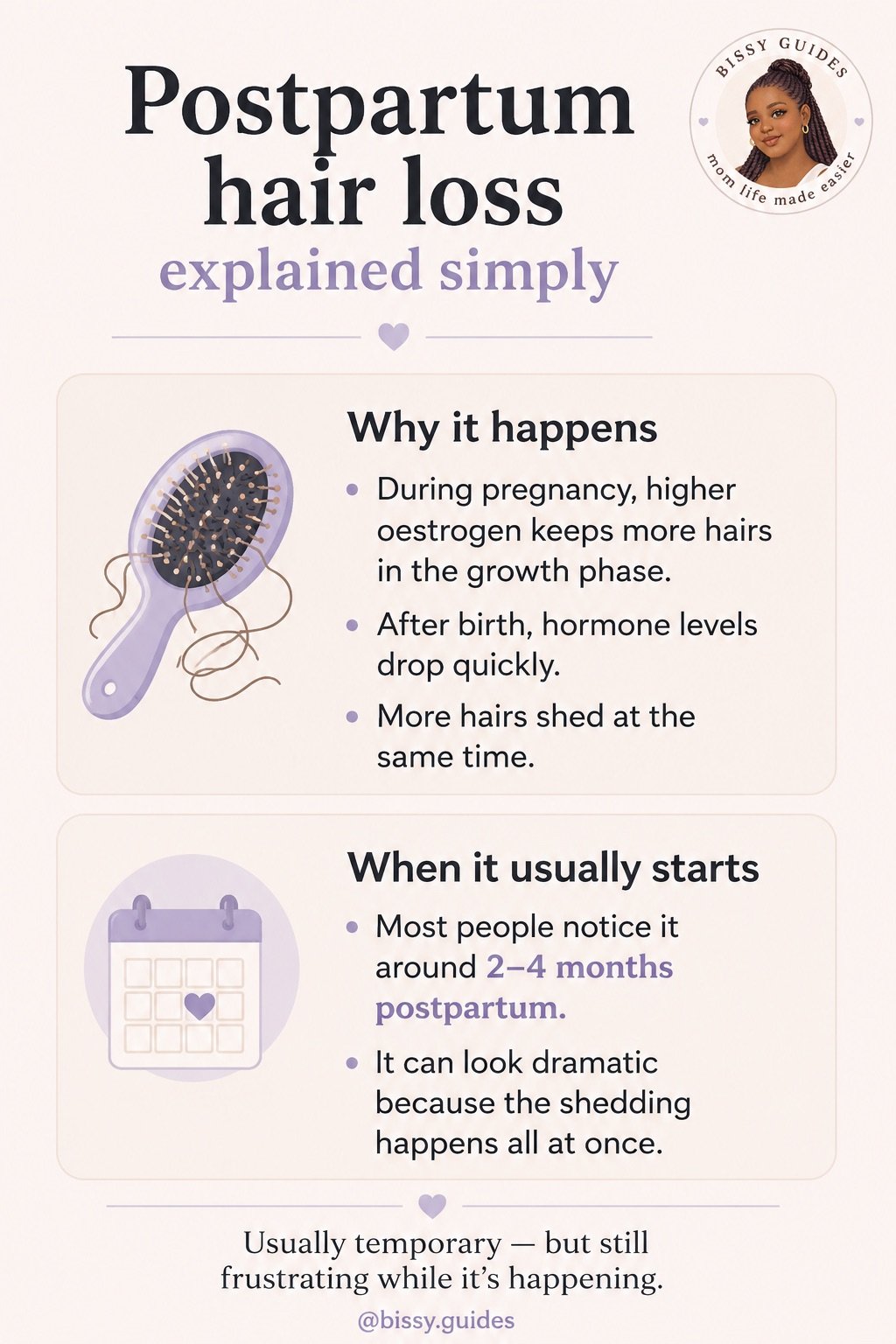 Minimal cream-toned infographic explaining postpartum hair loss and why it happens using soft purple accents and clean typography.