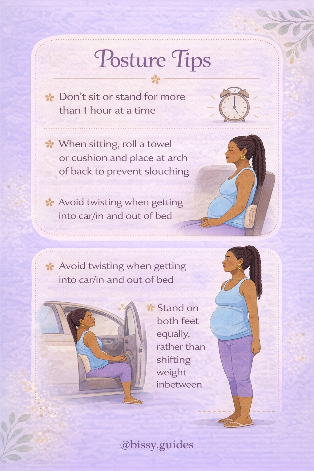 Practical movement tips for getting in and out of the car, standing and sitting with pelvic girdle pain.