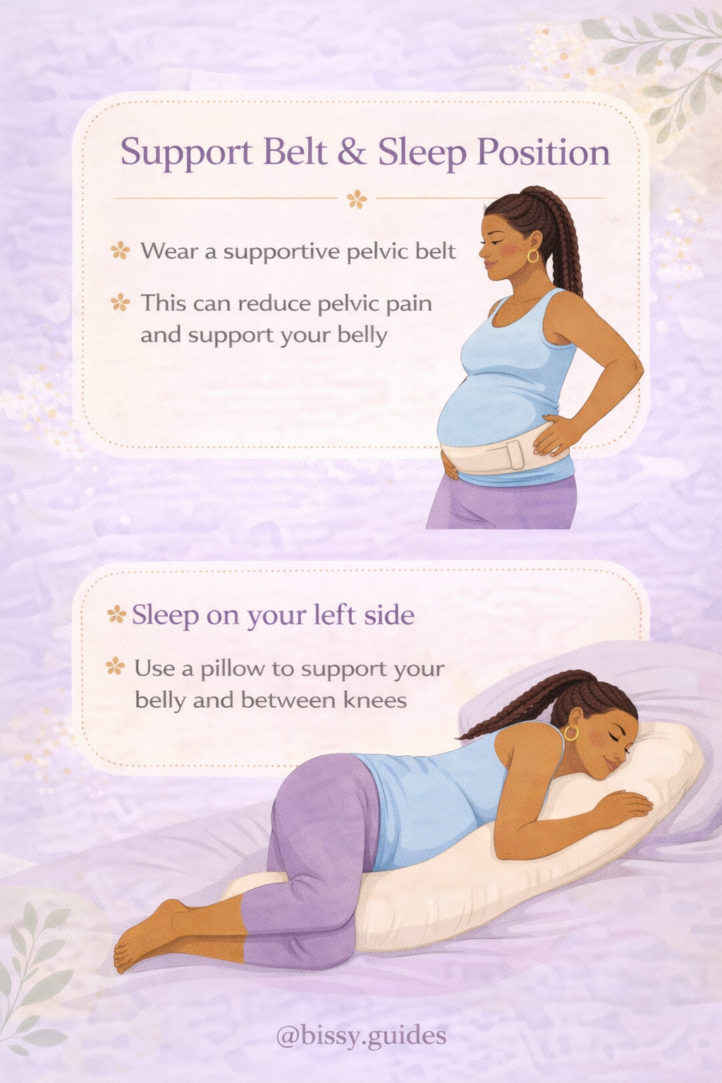 Pregnant woman wearing a pelvic support belt and side sleeping with pillow support between knees.