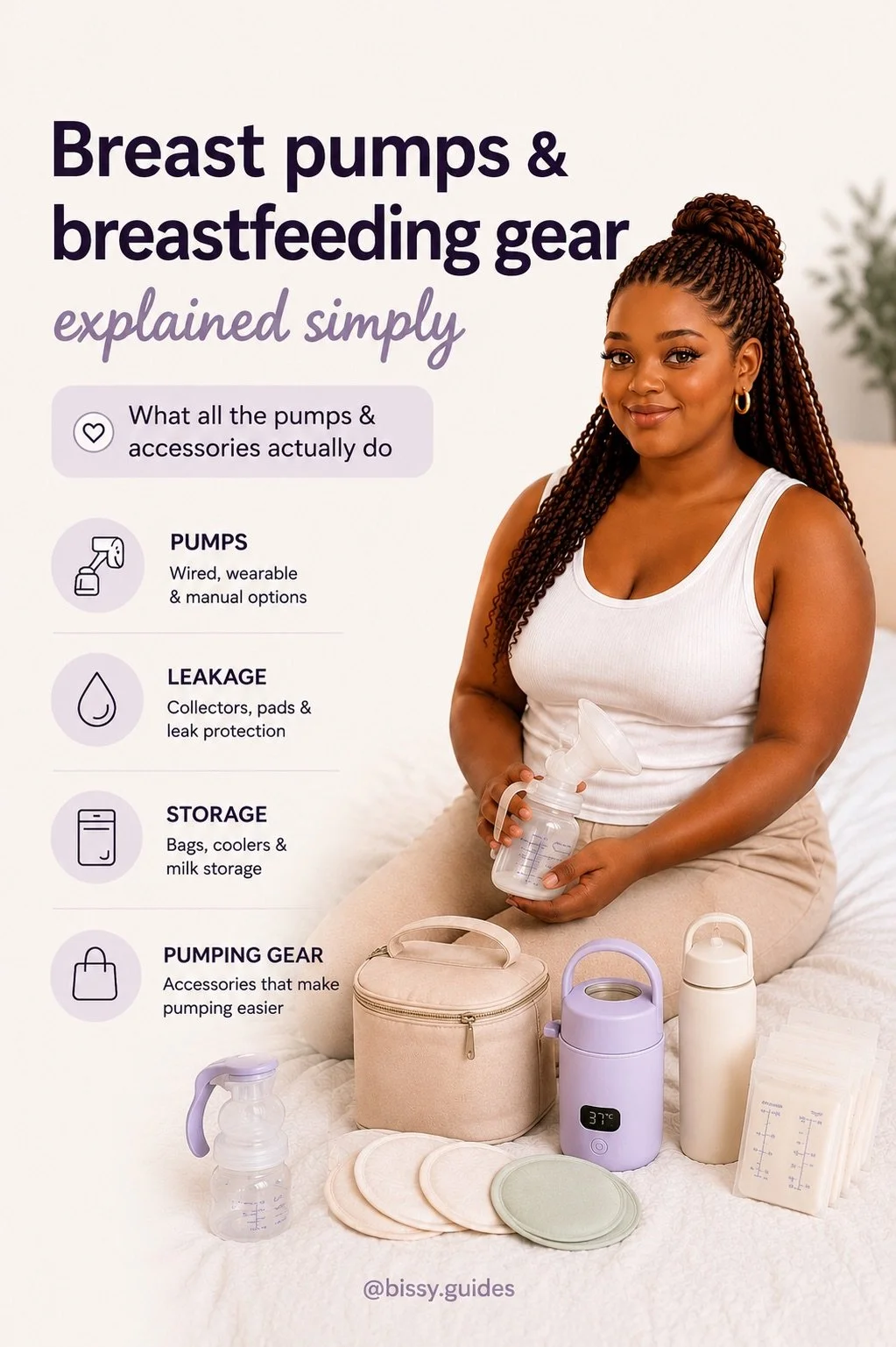 Illustrated guide cover showing breastfeeding pumps, milk storage accessories and pumping gear beside AI-me.