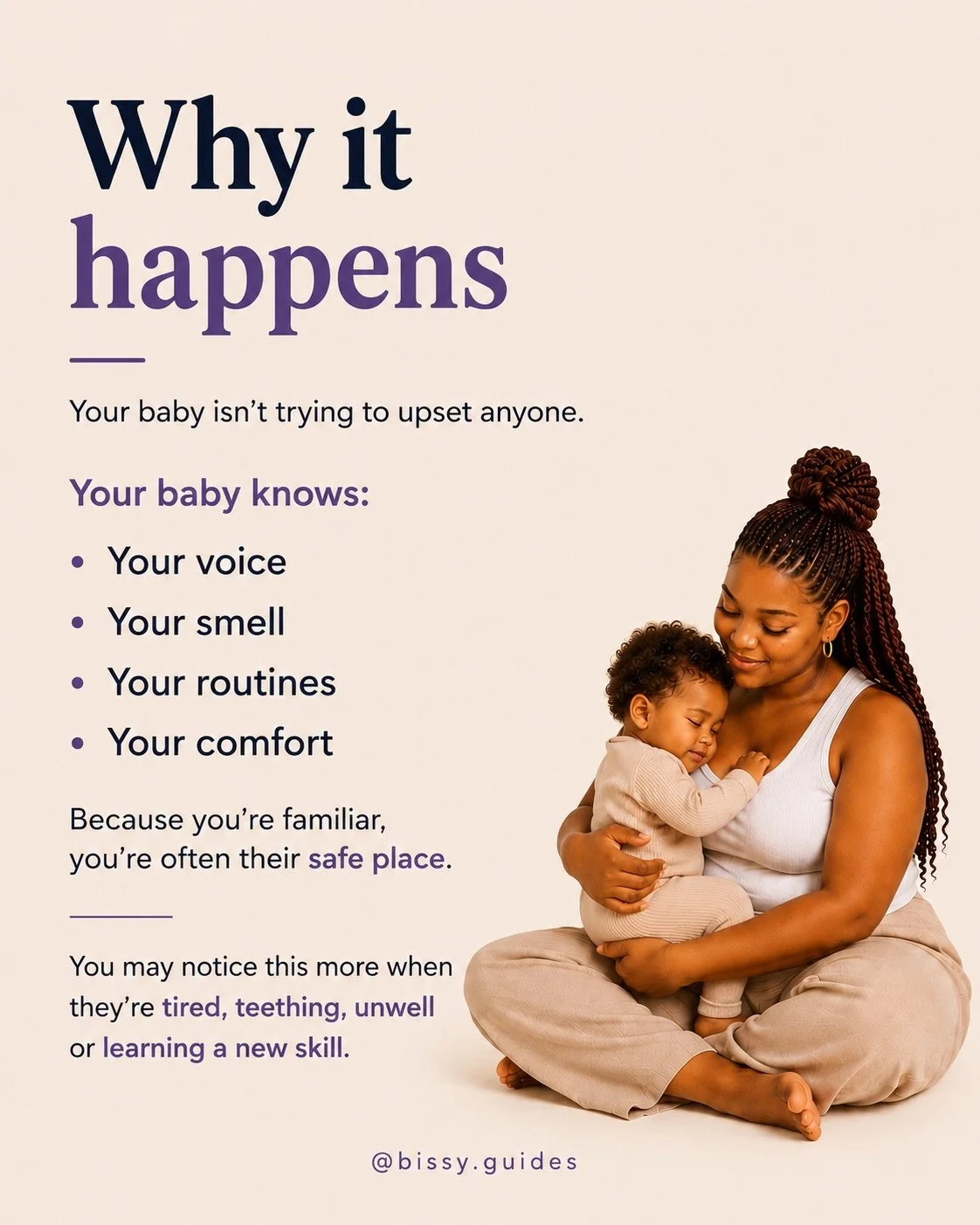 Parent cuddling a settled baby with simple text explaining why babies prefer familiar caregivers