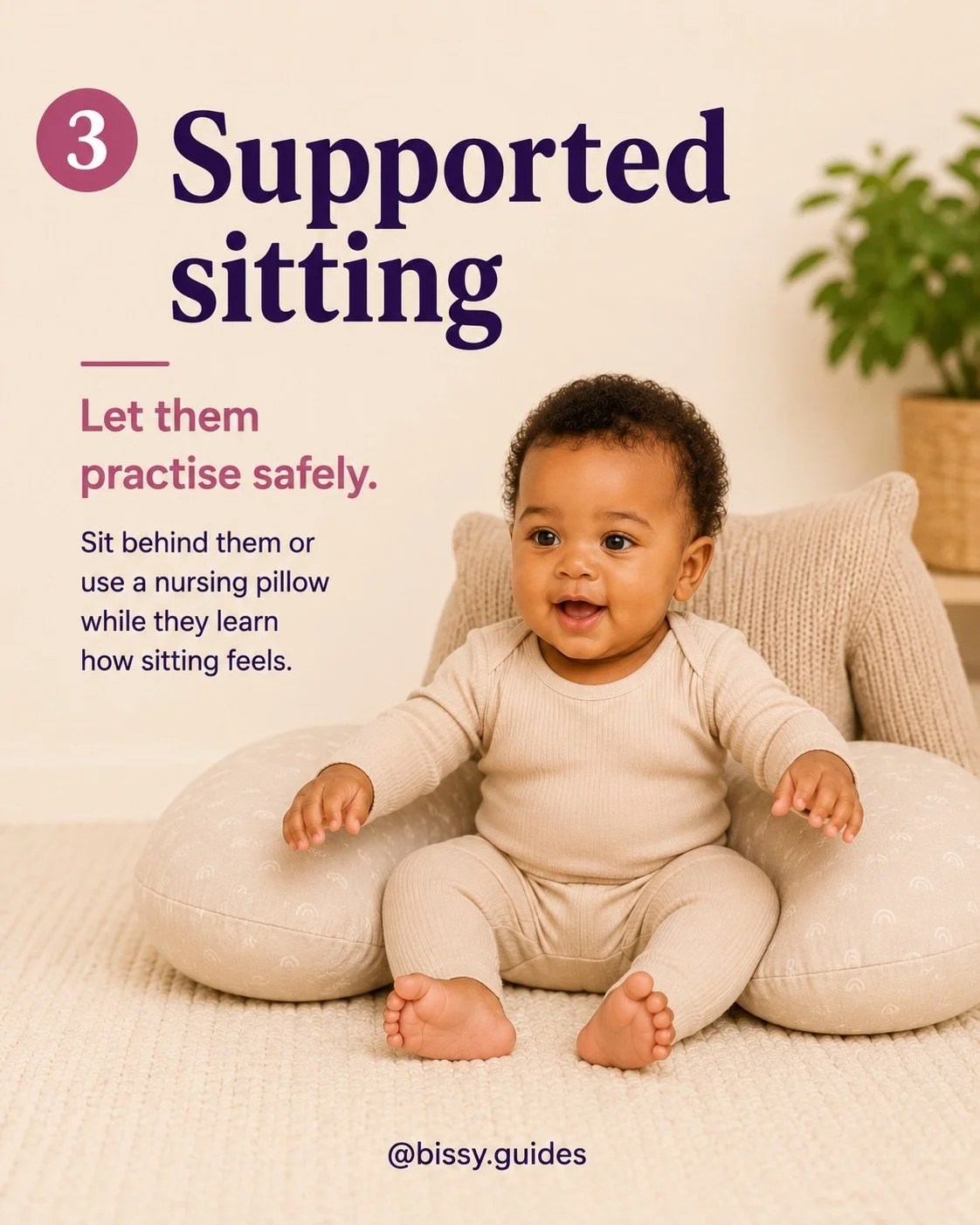 Baby sitting with support from a nursing pillow while learning upright balance.