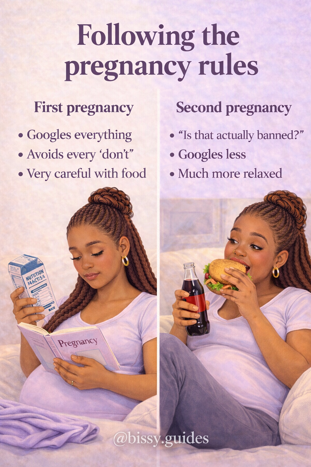 Illustration comparing pregnancy rules and anxiety between first and second pregnancy.