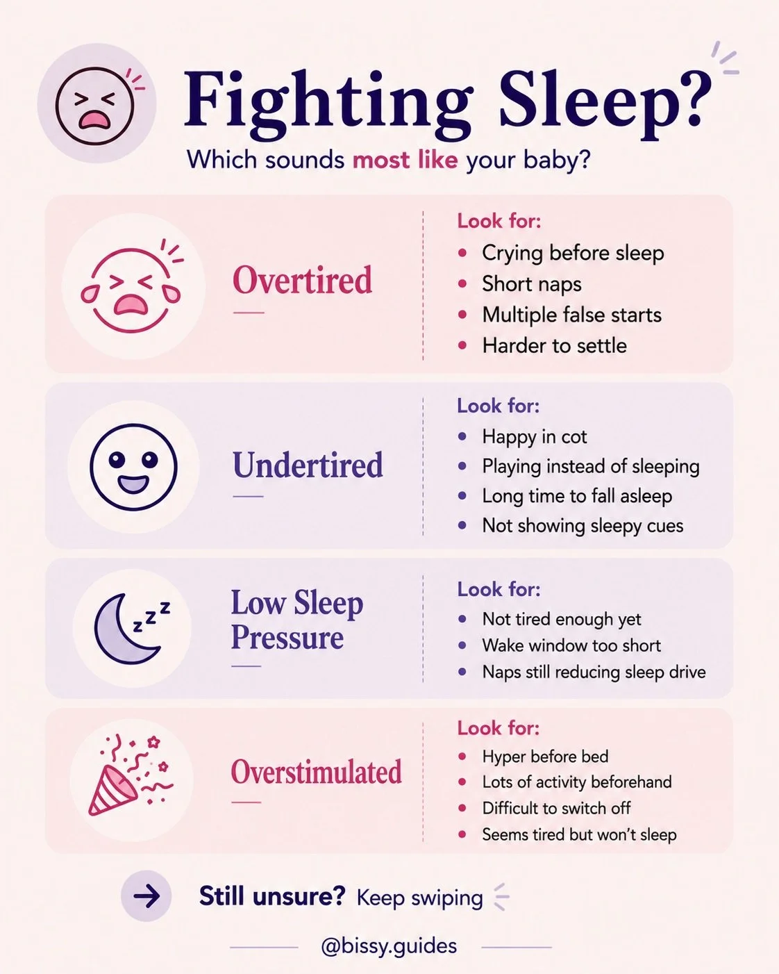 Guide comparing overtiredness, undertiredness, low sleep pressure, overstimulation, false starts and sleep associations in babies.