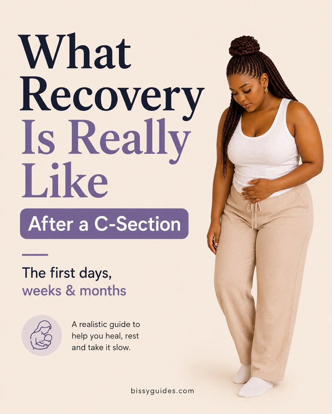 Mum recovering after a C-section with guide title.