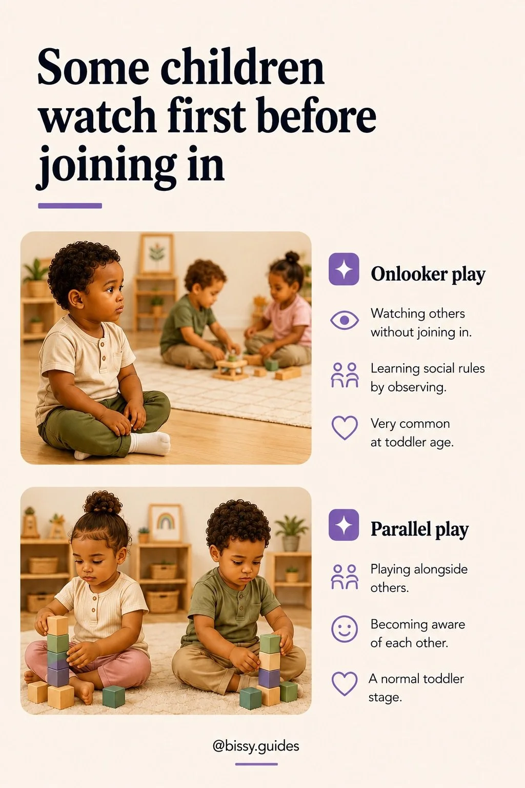 Illustrated guide showing onlooker play and parallel play in toddlers.