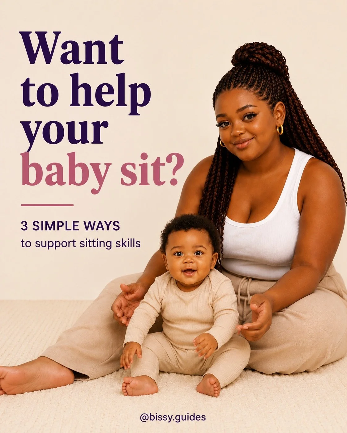 Parent sitting beside baby with title explaining simple ways to support sitting skills.
