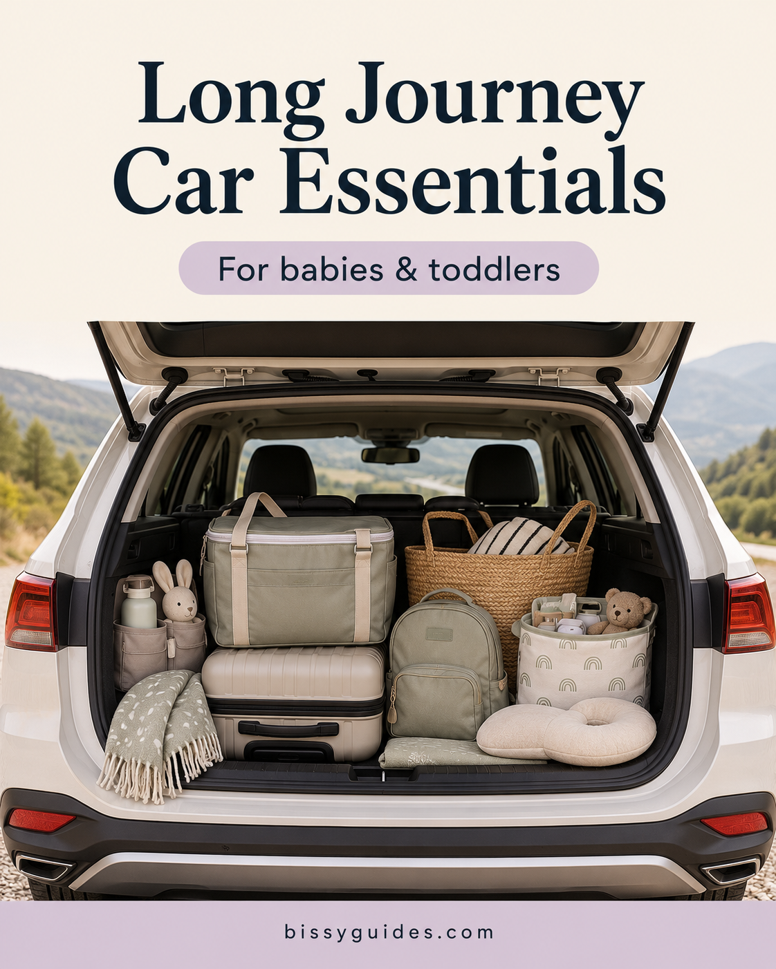 Open SUV boot packed for a family road trip with luggage, cooler bag, travel supplies and baby essentials.