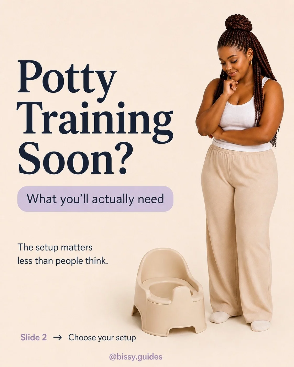 Potty training essentials guide showing a potty chair and practical items commonly used during potty training.