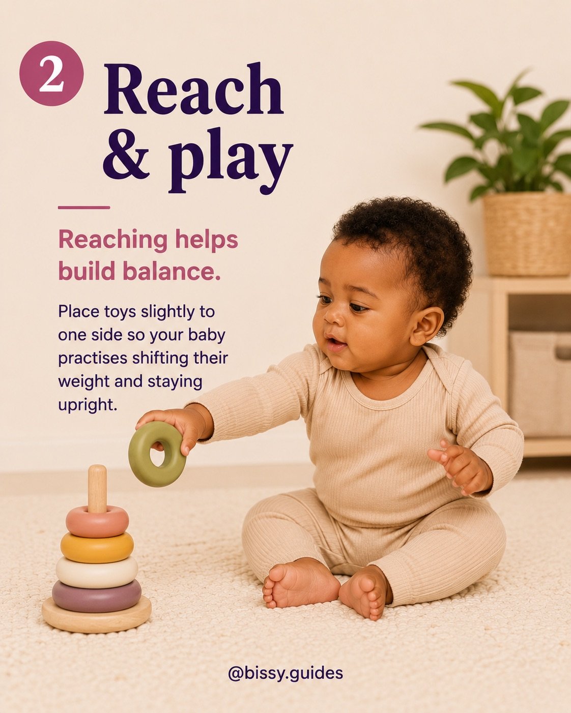 Baby reaching for a toy while sitting and practising balance.