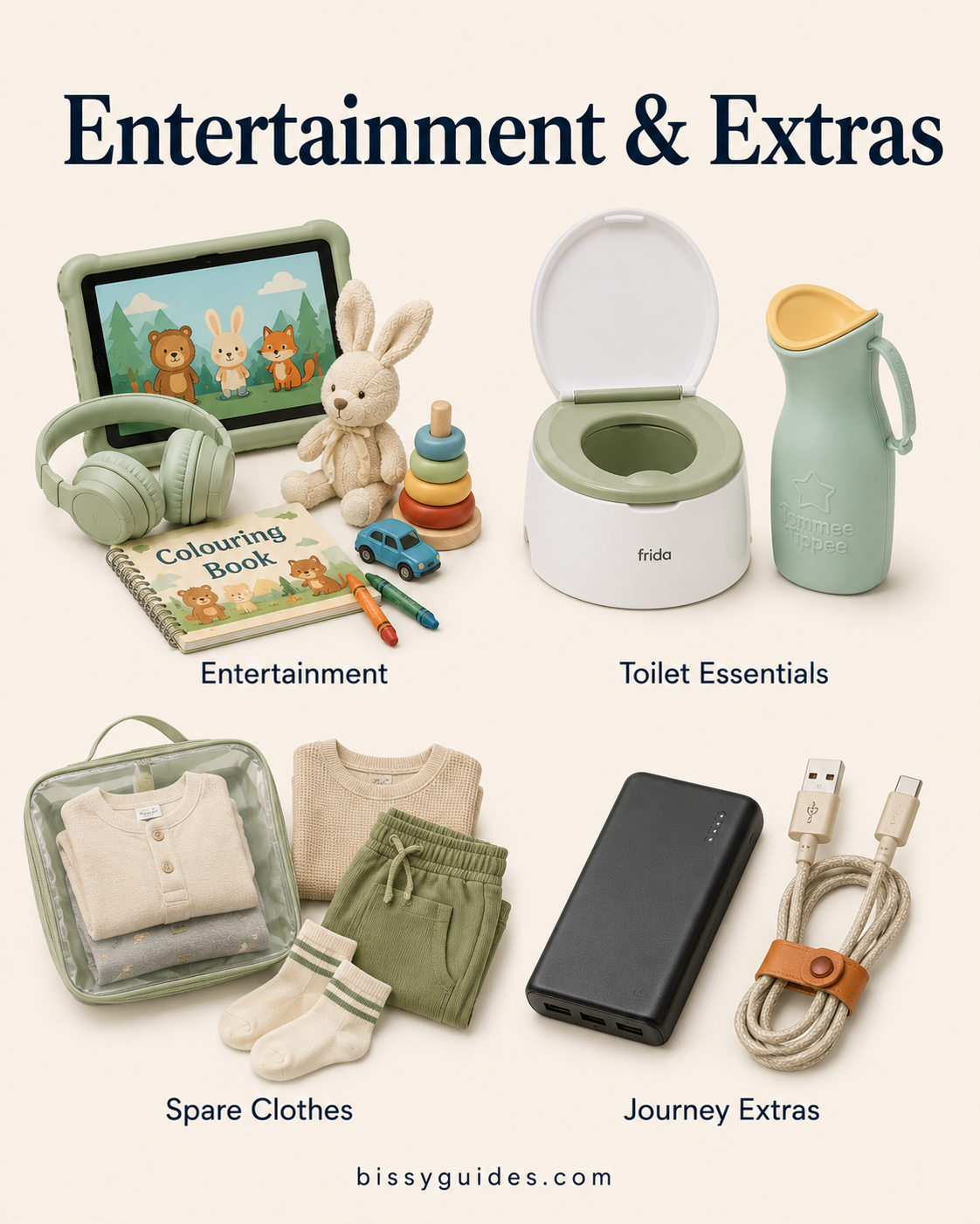 Illustration showing long journey essentials including entertainment, portable potty, travel urinal, spare clothes and charging accessories for babies and toddlers.