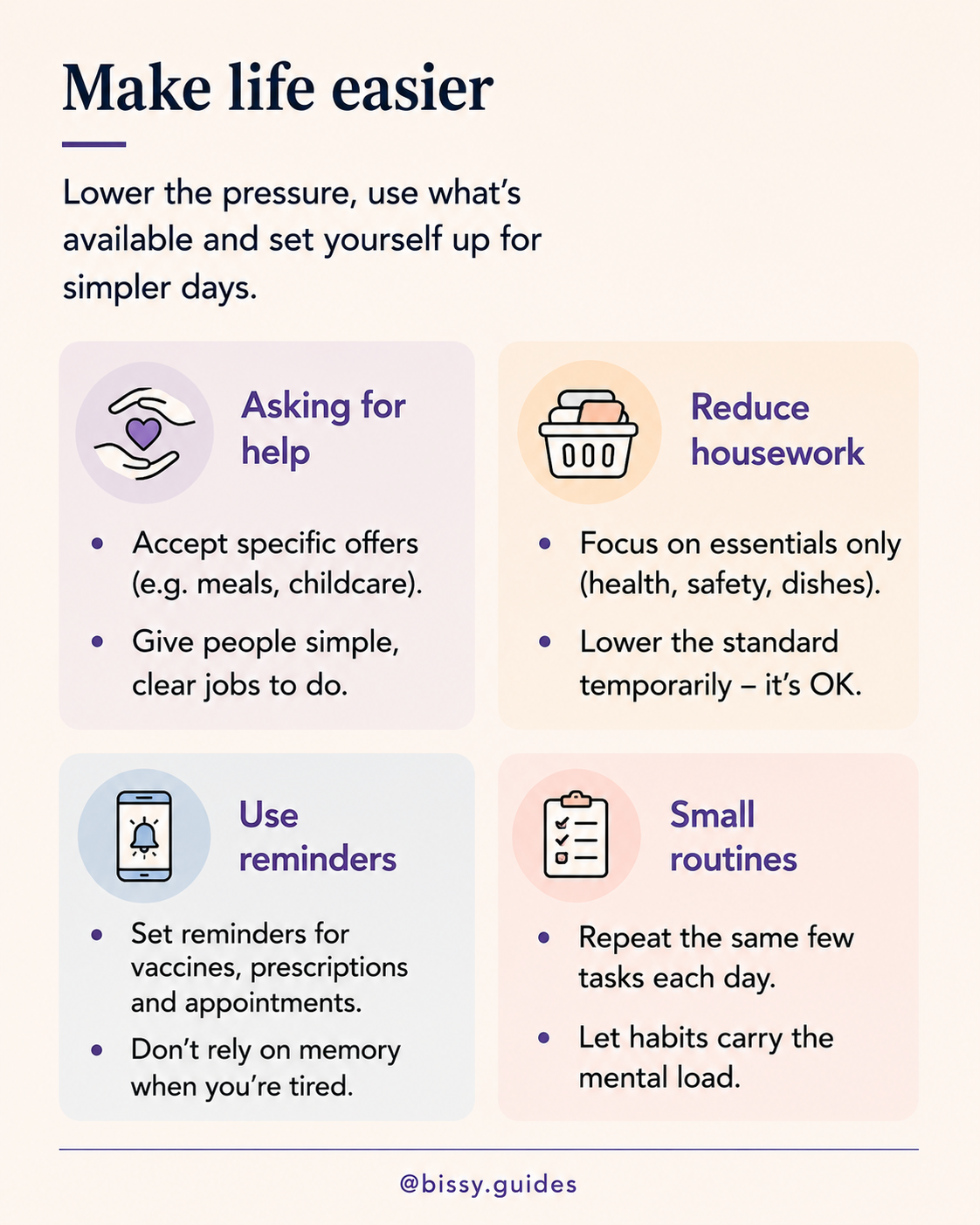 Self-care guide showing ways to make life easier after having a baby, including asking for help, reducing housework, using reminders, and creating small routines.