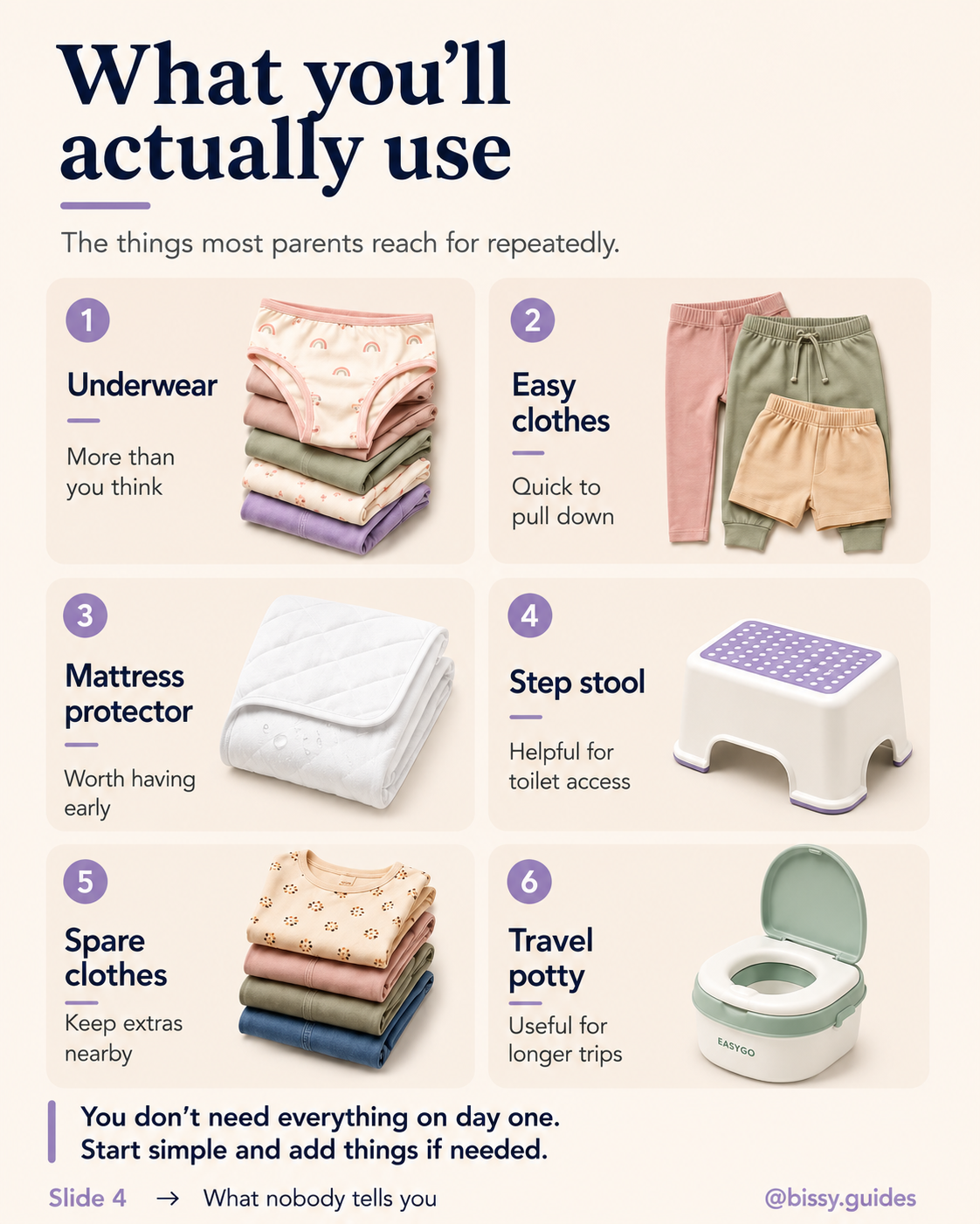 Potty training essentials including underwear, easy clothes, mattress protector, step stool, spare clothes and travel potty.