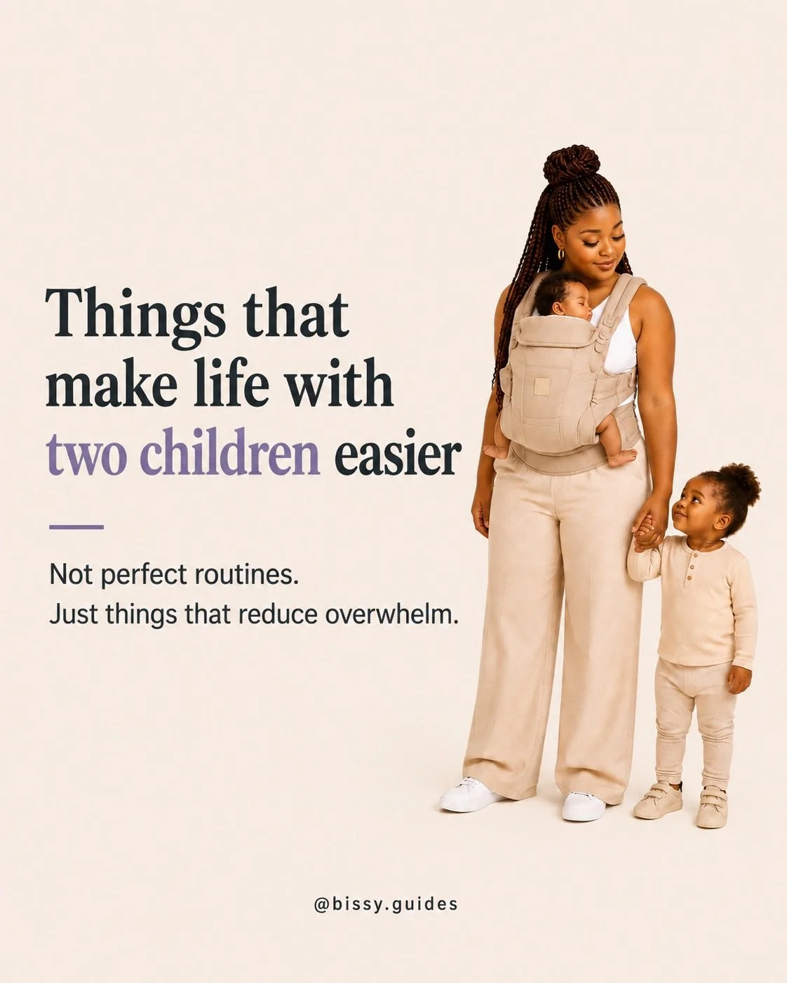 Mother holding hands with a toddler while carrying a baby in a carrier beside the title Things That Make Life With Two Children Easier.