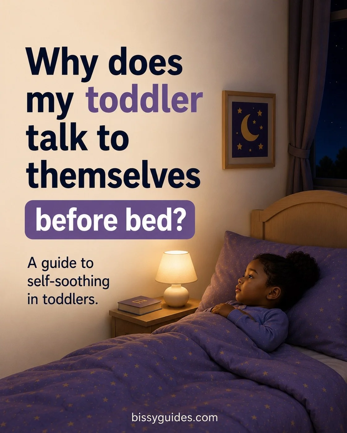 Brown toddler lying awake in bed quietly talking to themselves before falling asleep in a cosy bedroom.