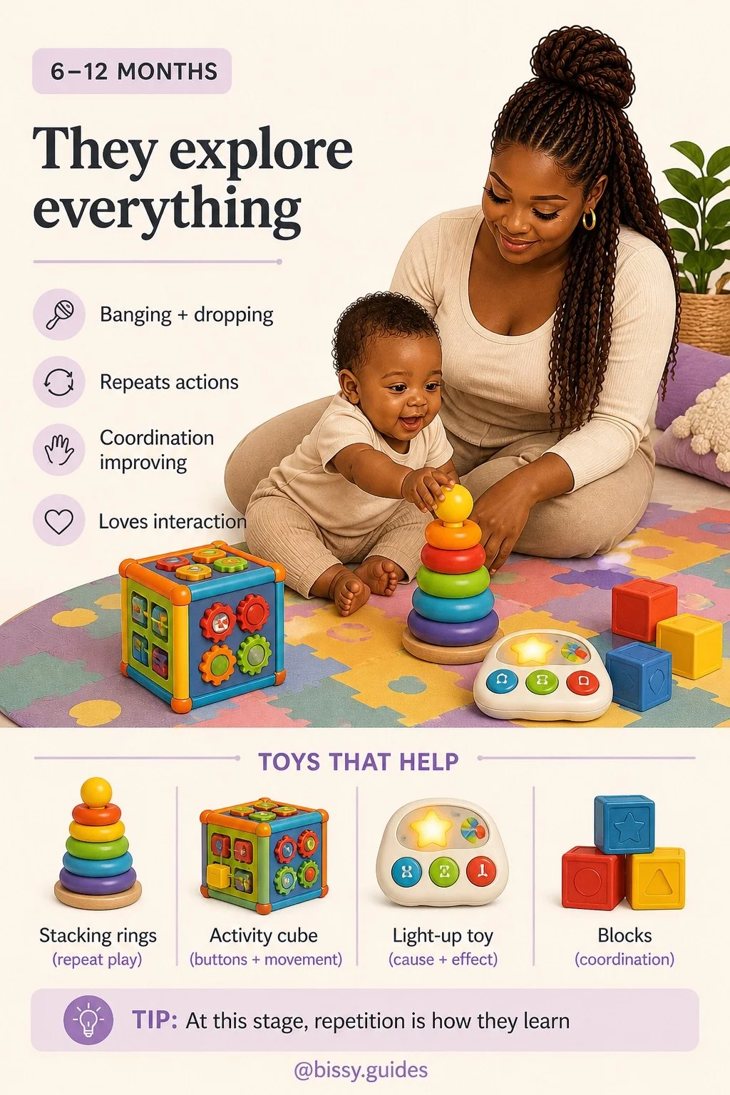 Baby playing with stacking rings and interactive toys