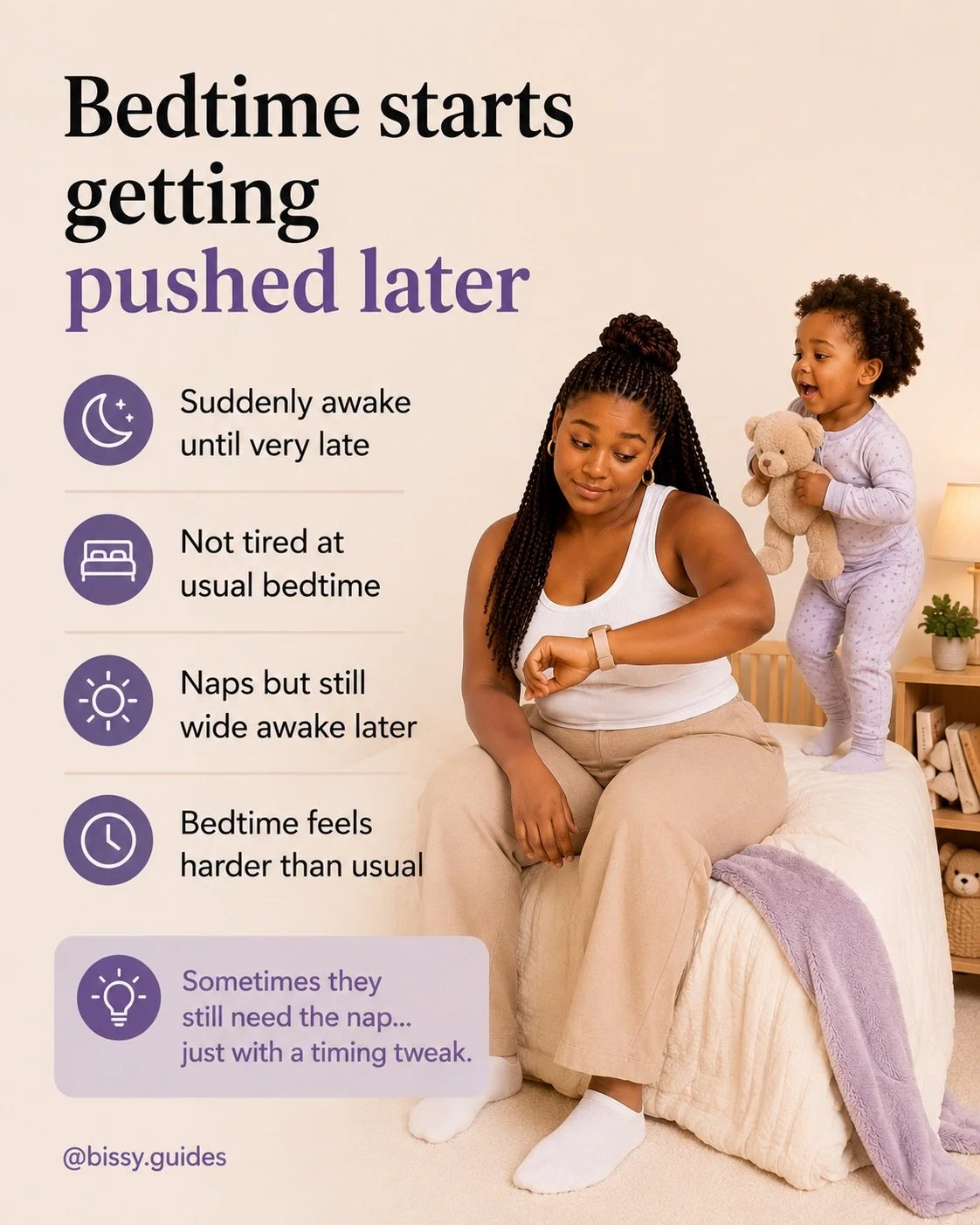 Parent checking the time during bedtime while toddler remains wide awake and full of energy.