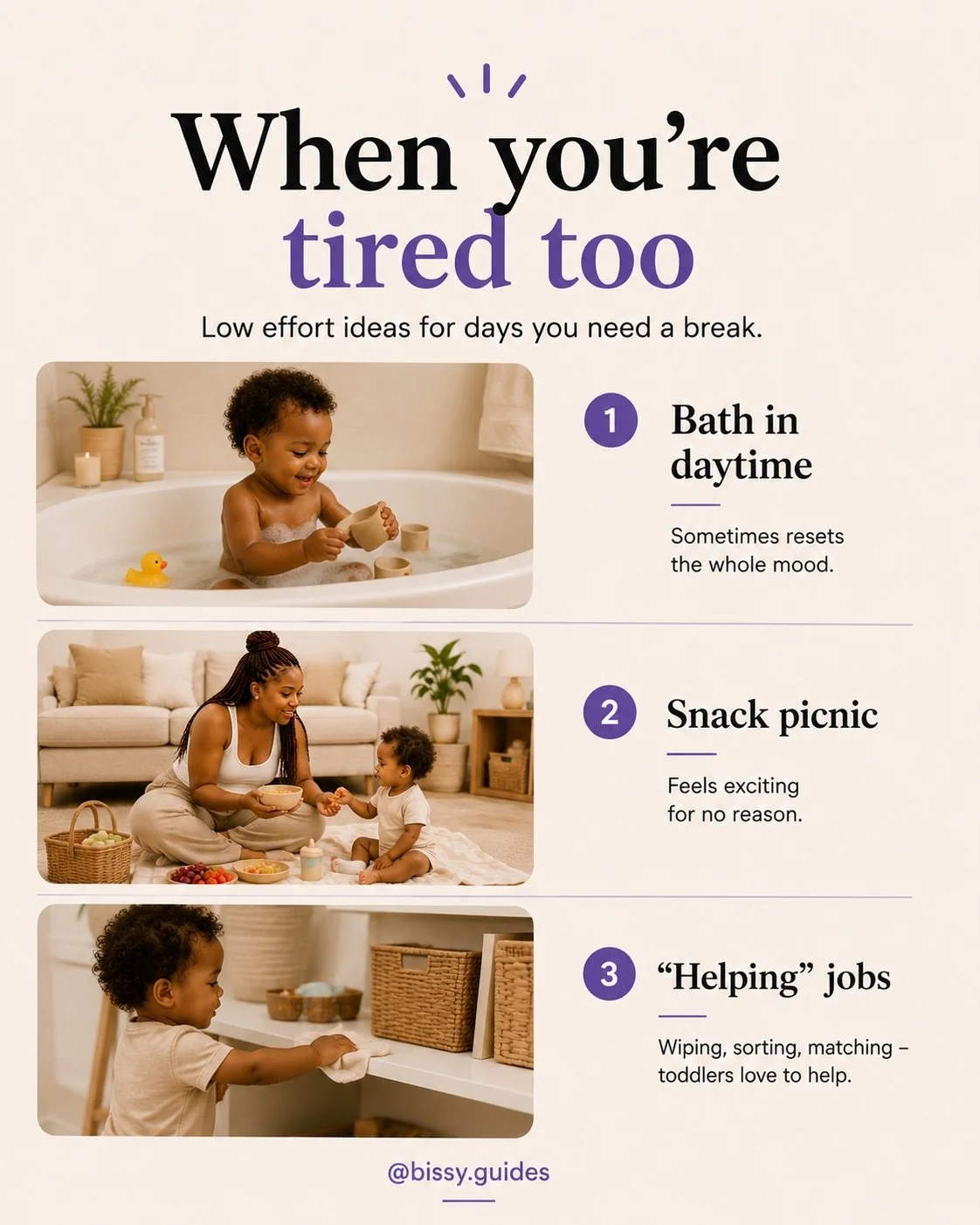 Low effort toddler activity ideas including daytime baths, snack picnics and helping with household jobs in a calm home setting.