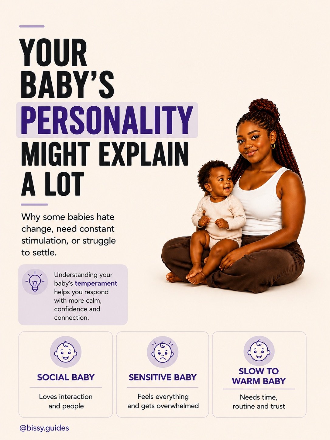 Illustrated mother sitting with baby beside infographic cards explaining different baby personality types including social, sensitive and slow-to-warm babies.