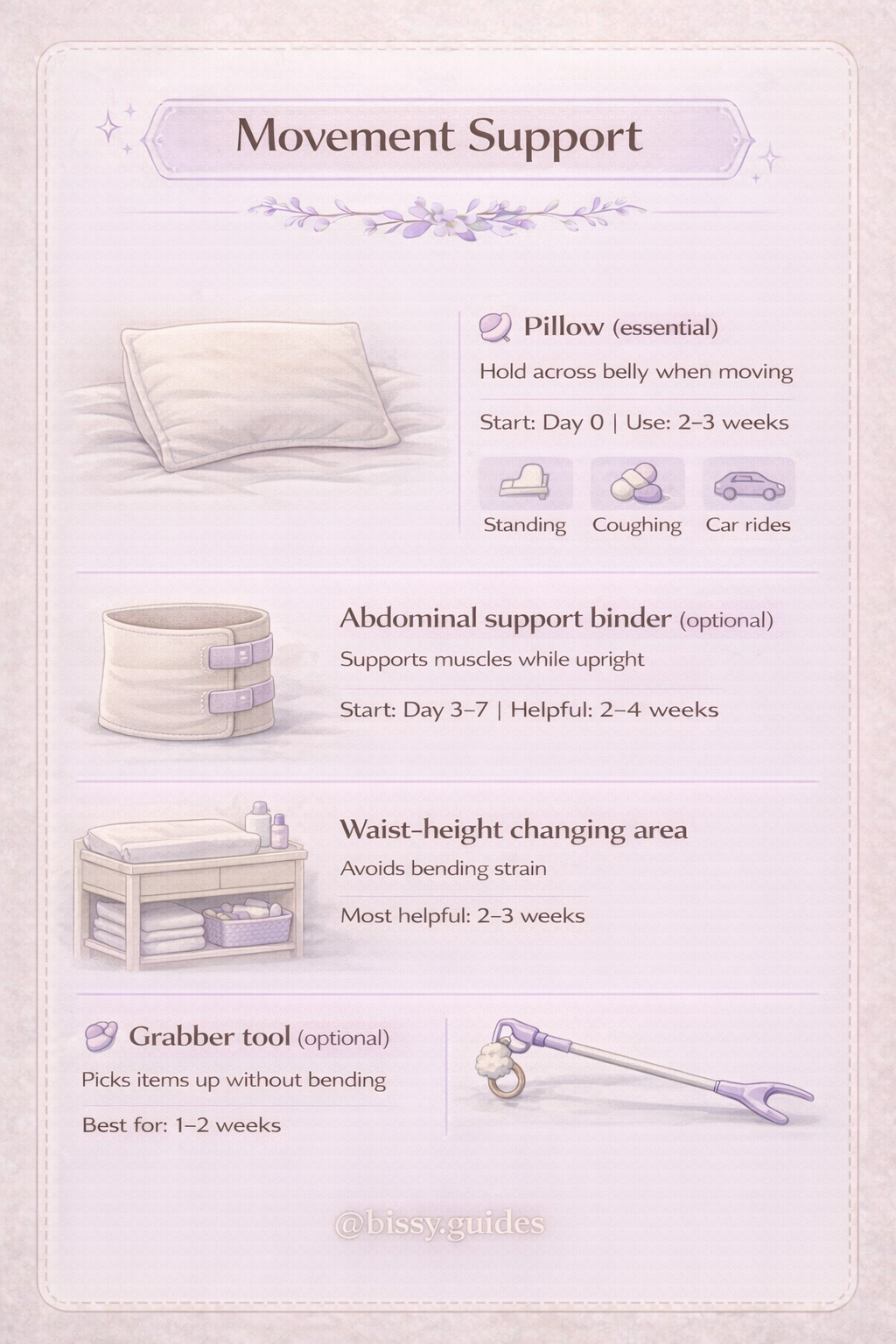 C-section recovery movement support tips including holding a pillow abdominal binder and reducing strain when standing or moving