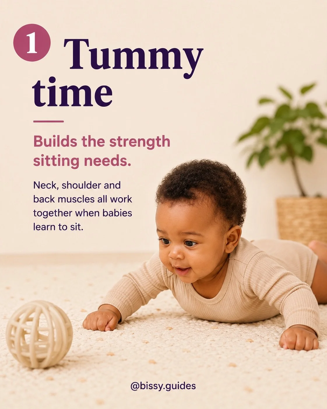 Baby practising tummy time on a soft floor mat to build strength for sitting.