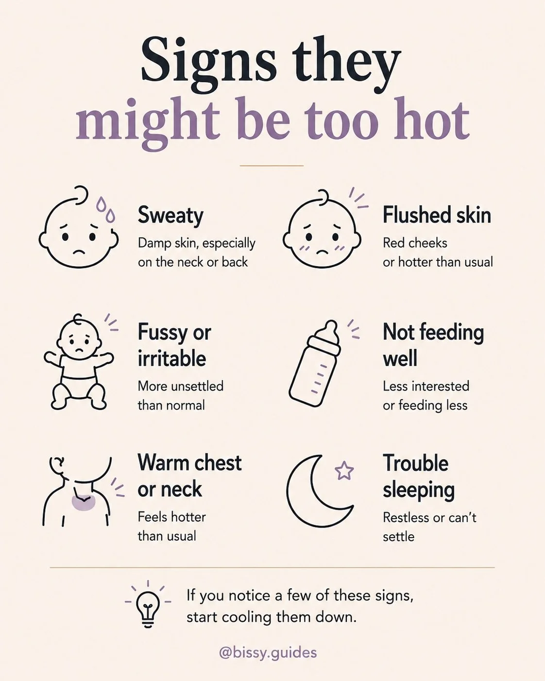 Parenting guide showing common signs that a baby may be too warm.
